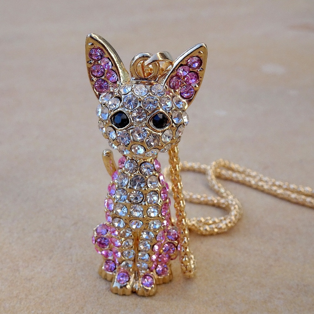 Pink Rhinestone Jewel Cat Pretty Kitty Pendant Charm Feminine Feline Necklace